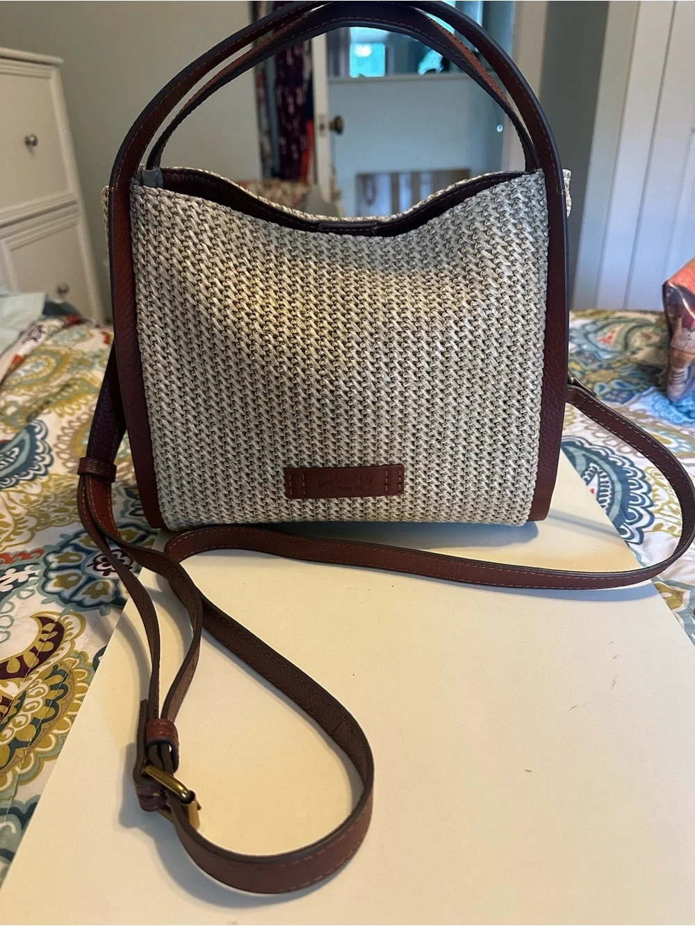 American Leather Co. Triple Entry Raffia & Leather Satchel Handbag Purse